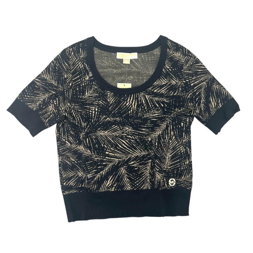 Michael Michael Kors Black Gold Palm Print Short Sleeve Knit Sweater Top Medium